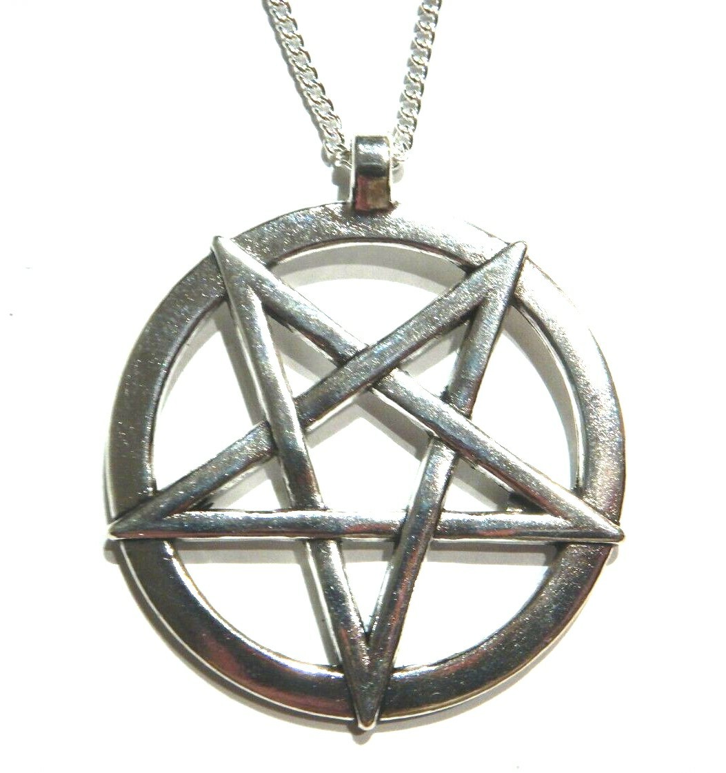 LARGE INVERTED PENTAGRAM PENDANT NECKLACE silvertone pentacle wiccan unisex Q3