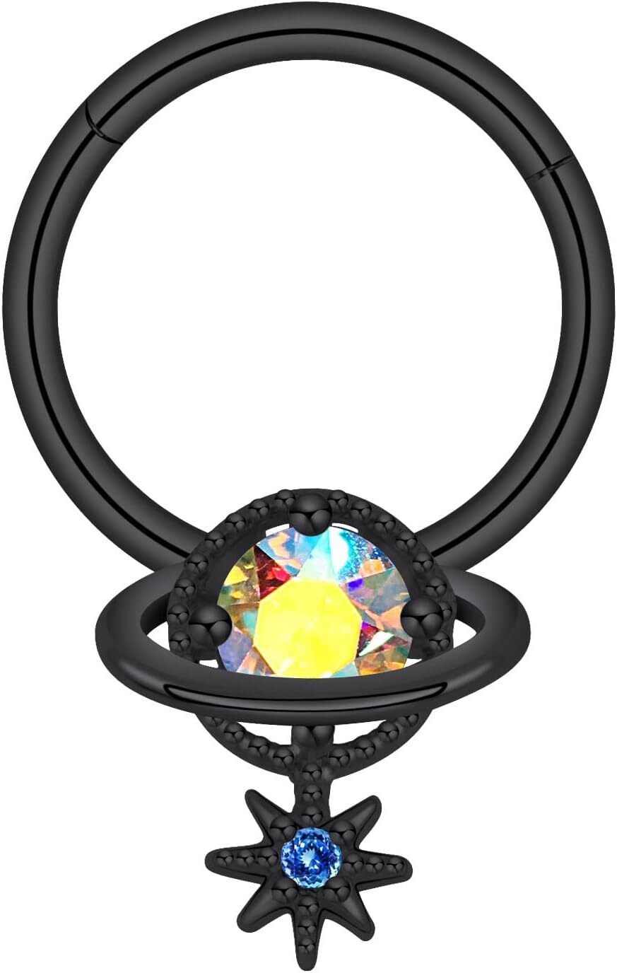 Surgical Steel Nose Ring Septum Clicker with Planet Dangles Gauges Piercings 16G