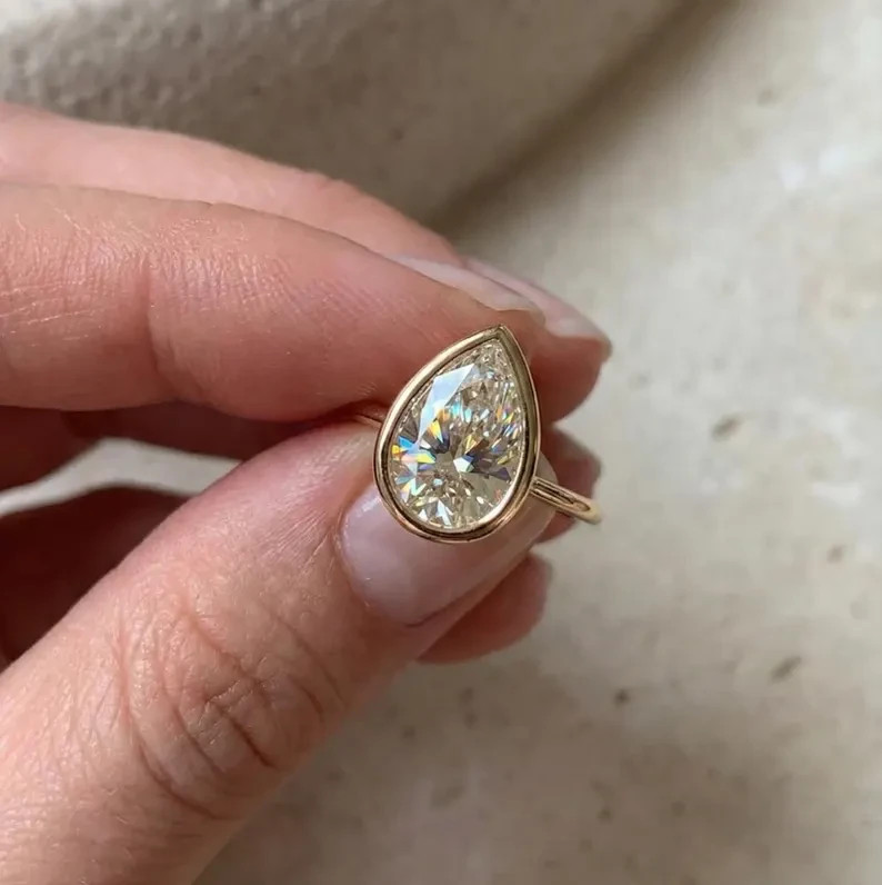 3Ct Pear Real Moissanite Bezel Engagement Ring 14K Yellow Gold Plated