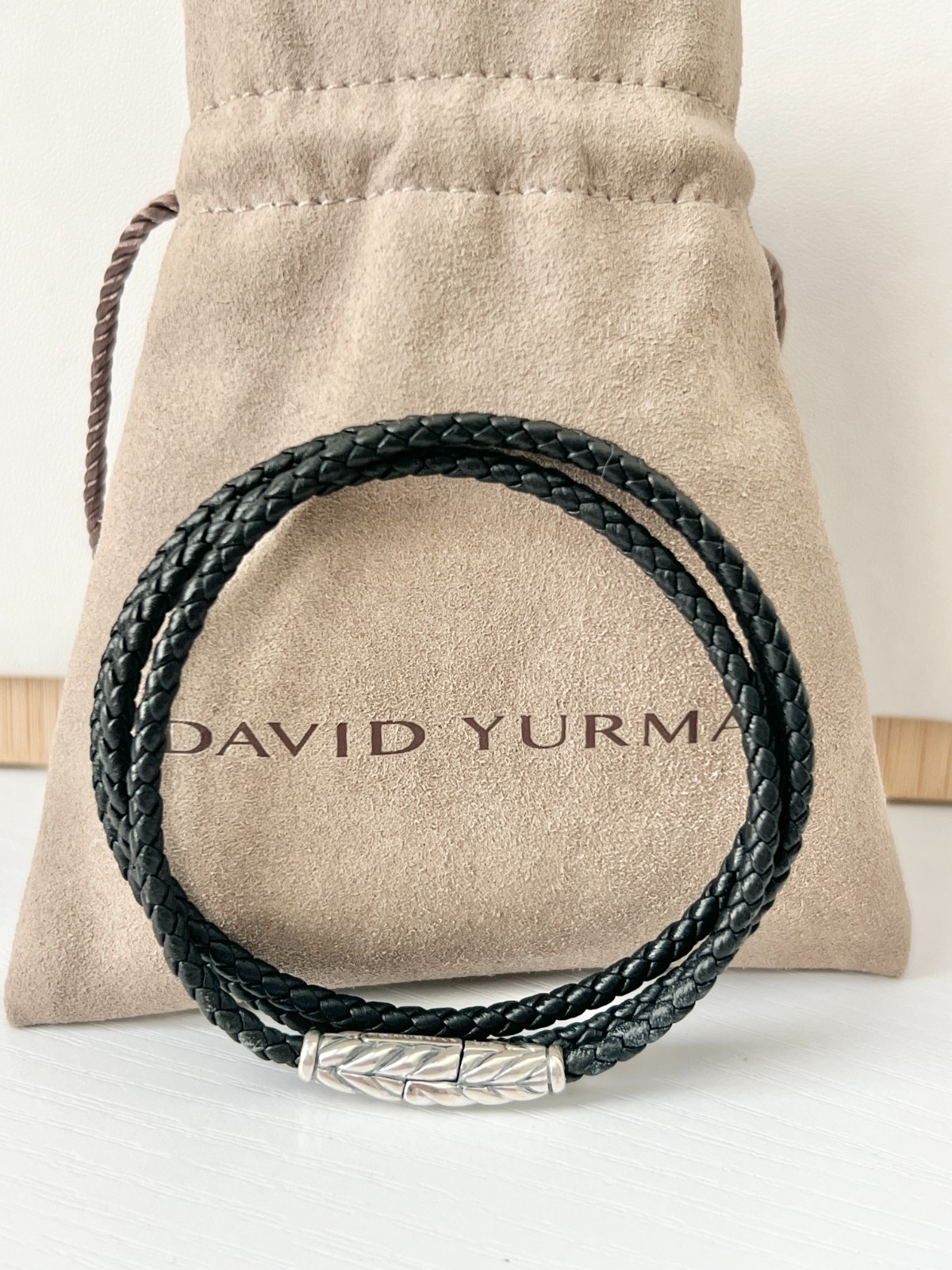 David Yurman Men’s Chevron Black Triple Wrap Leather Bracelet in Silver