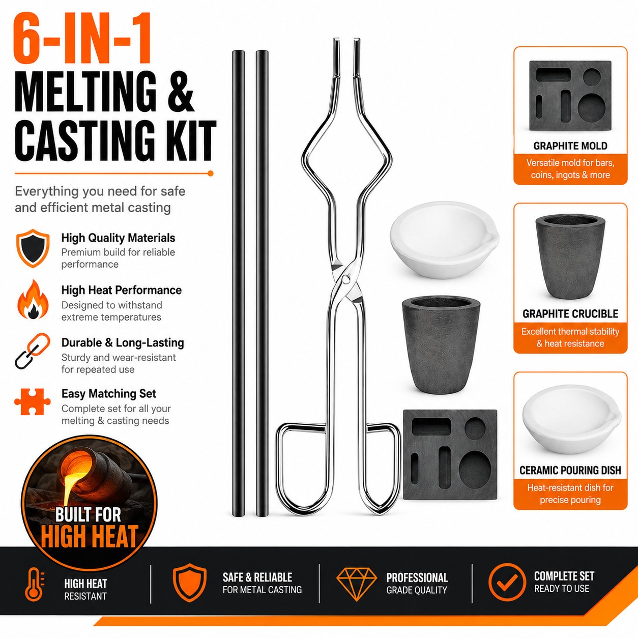 6Pack Metal Melting Refining Kit Graphite Mold Crucible Tongs Rods Copper