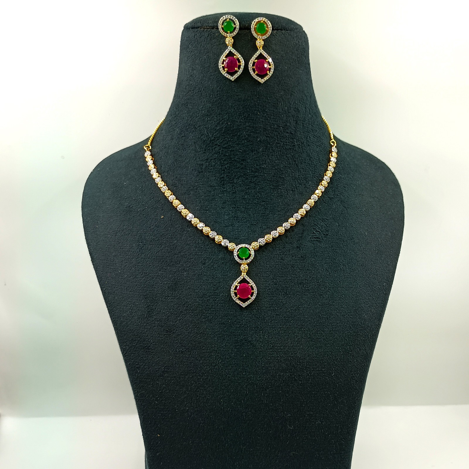 Round Stone Ruby Emerald Necklace Set 22k Gold Plated South Indian Jewelry