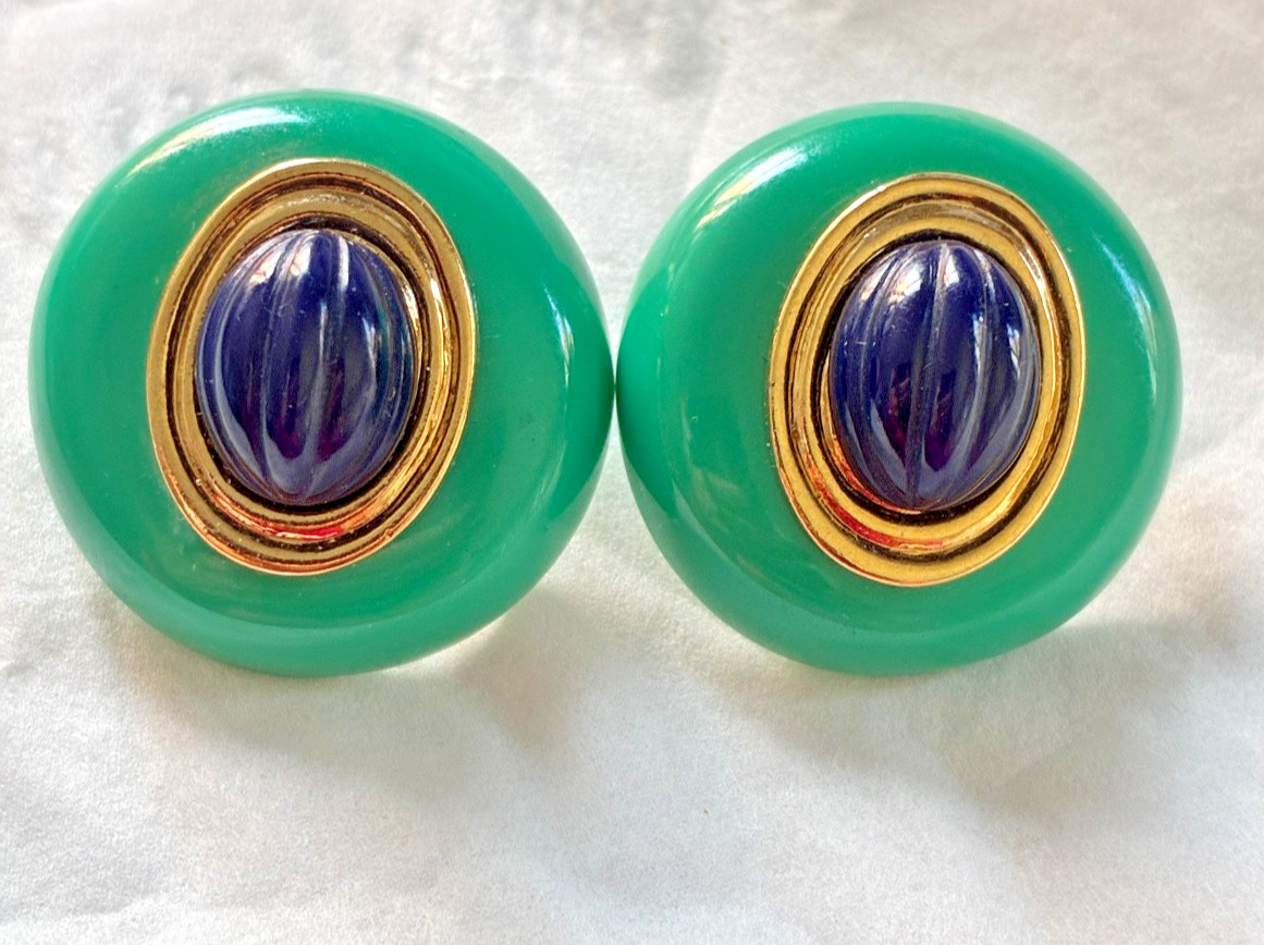 GIANT 1960’S SIMULATED TURQUOISE, SIMULATED LAPIS ROUND POST EARRINGS
