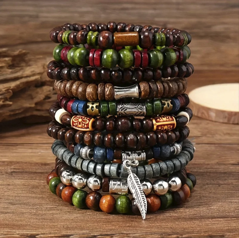 10pcs Vintage Boho Men’s Wooden Bracelets Leaf Style Wristwear Set – NEW