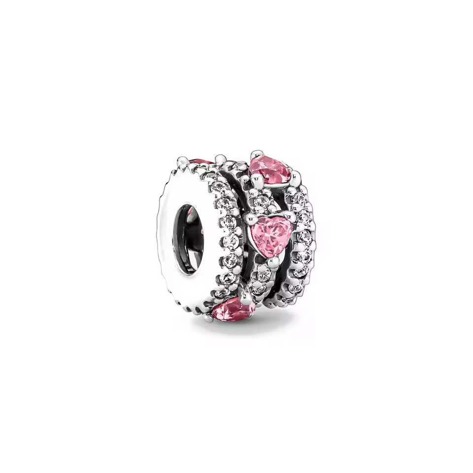 WHITE & PINK CZ HEARTS S925 STERLING SILVER CHARM BRACELET BEAD PENDANT & POUCH!