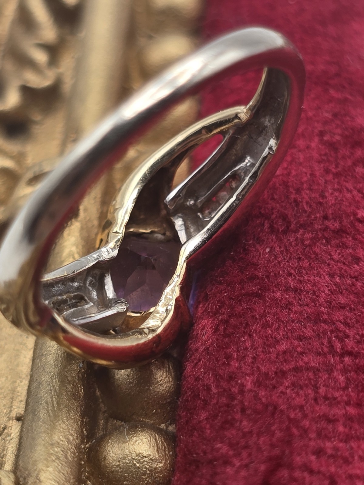 ​Solid 10K Two Tone Gold Amethyst Cushion Cut Diamond Accent Ring Size 5 2.60g