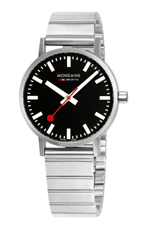 Mondaine Classic 36mm Black Dial Silver Bracelet Official Swiss Railways Watch