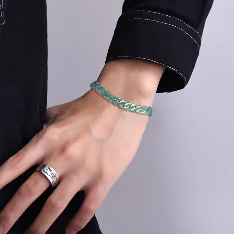 Real Grade A Natural Blue Jade Jadeite Bracelet Cuban Curb Link Chain 5.9-8.3in