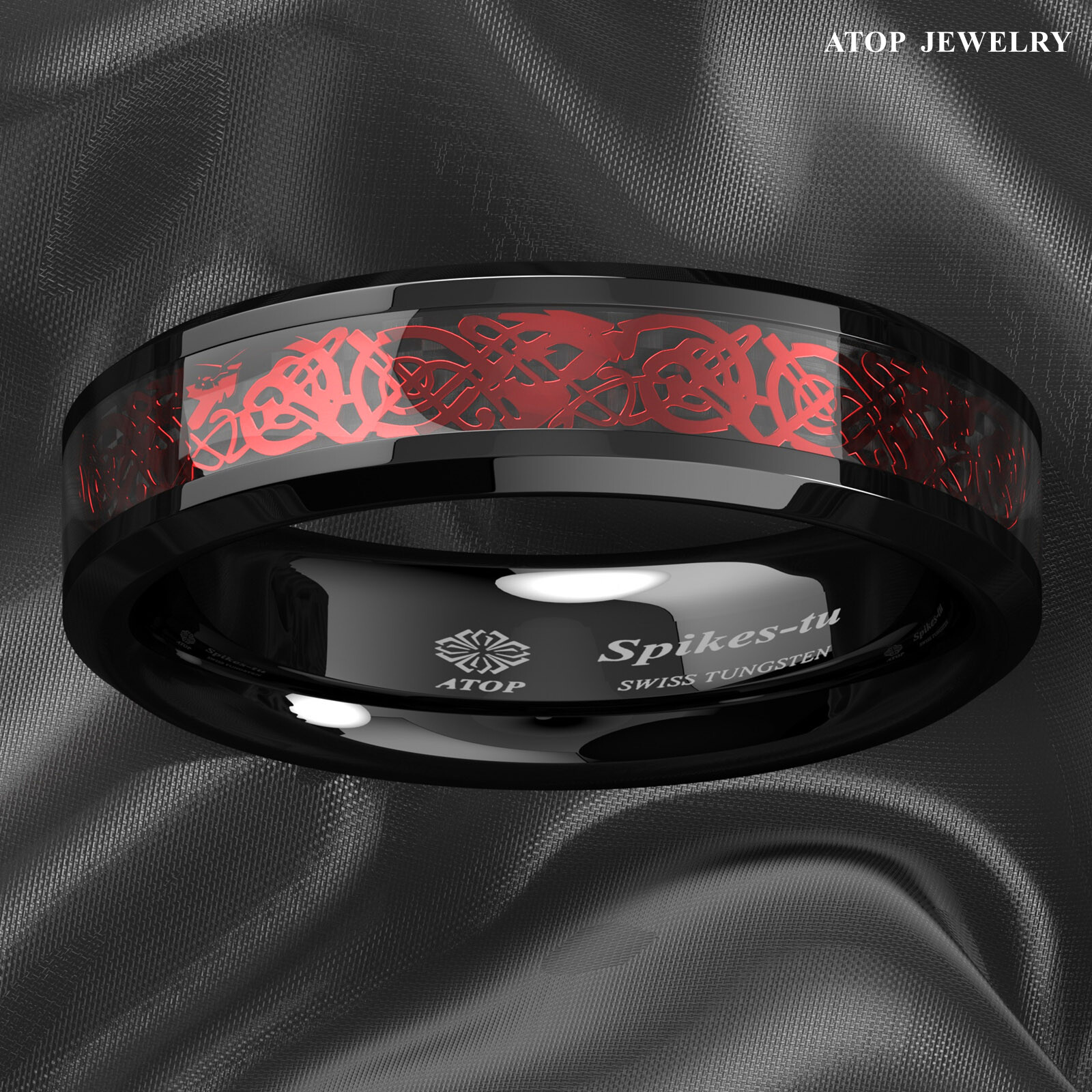 ATOP 8/6mm Men Black Red Tungsten Ring Wedding Band Celtic Dragon Carbon fiber