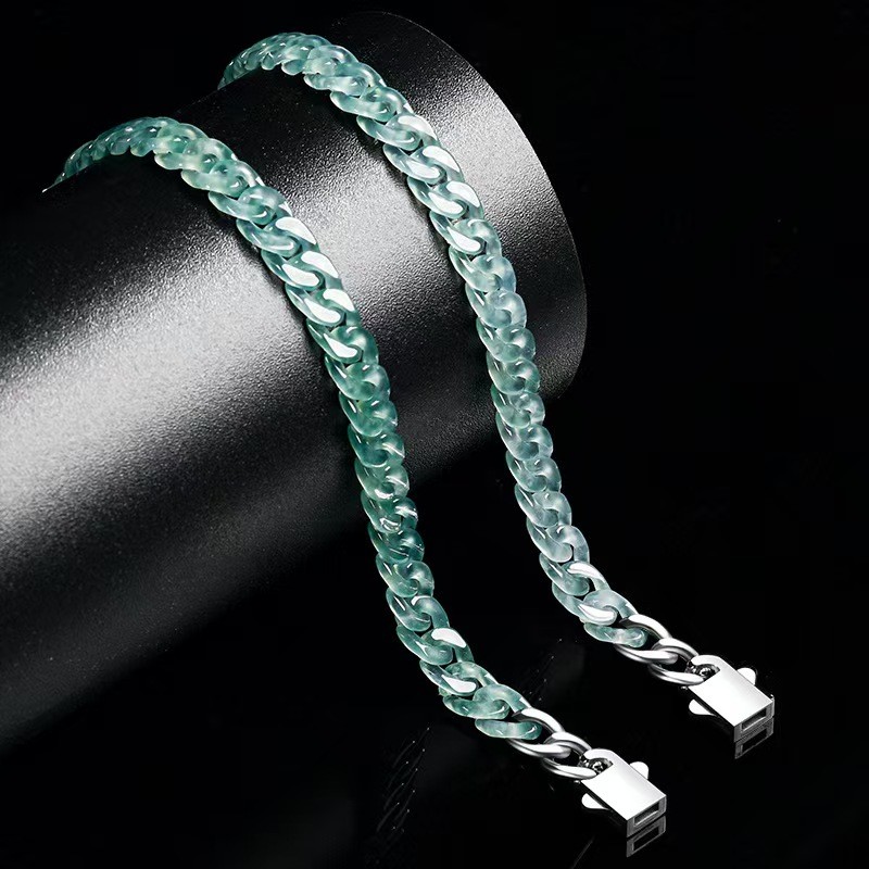 Real Grade A Natural Blue Jade Jadeite Bracelet Cuban Curb Link Chain 5.9-8.3in