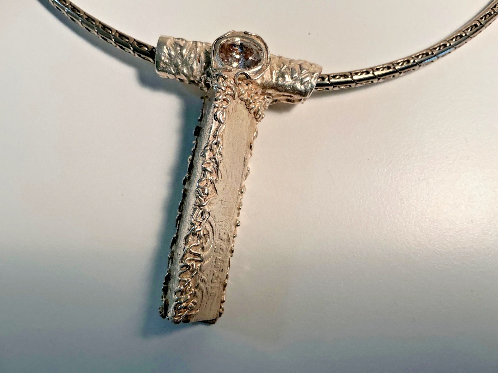 STERLING SILVER WHITE TOPAZ ARTISAN HAND FORGED CROSS ON 18” NECKLACE 47gms