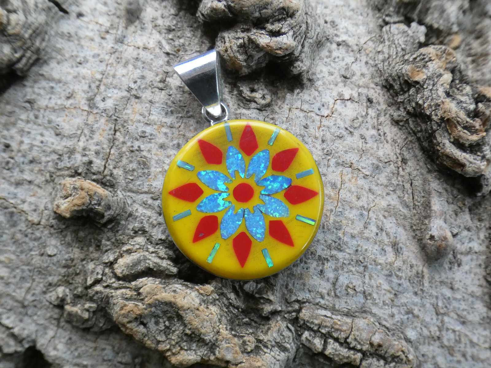 Yellow Flower Burst Gemstone Opal Aluminum Sterling Silver Alloy Pendant AK81