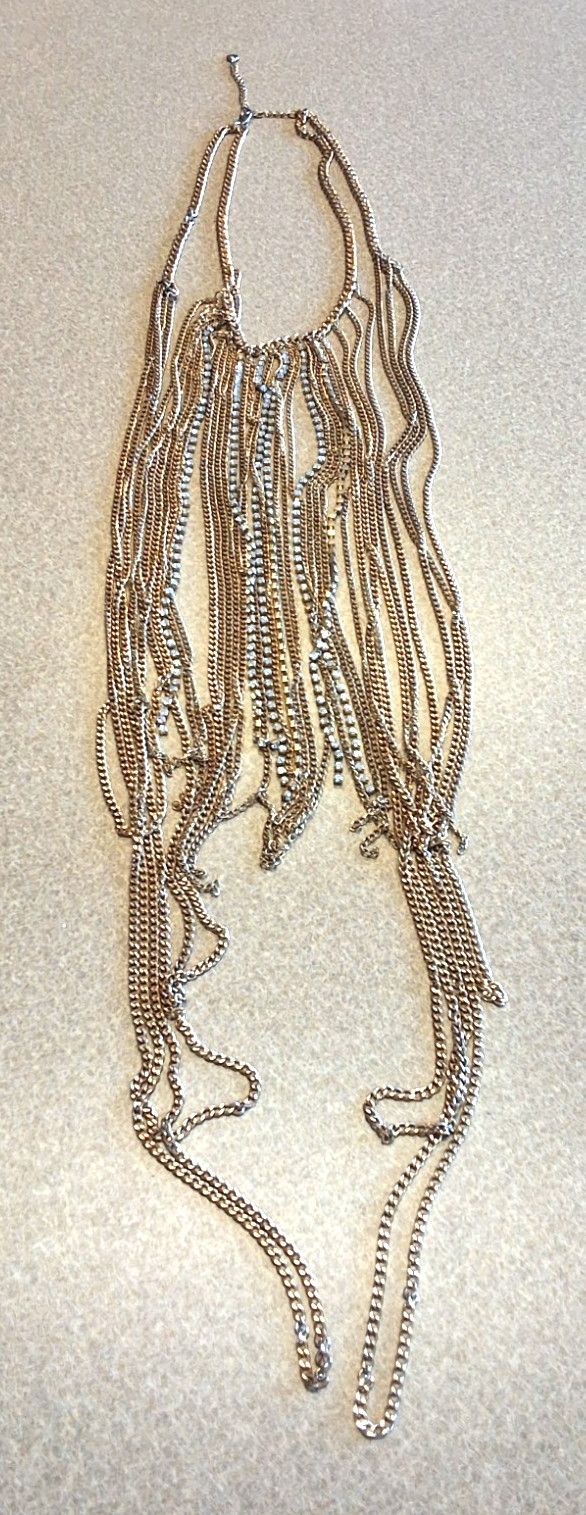 Signed BB Multi Strand Waterfall Gold Tone & Rhinestone Strand Necklace.