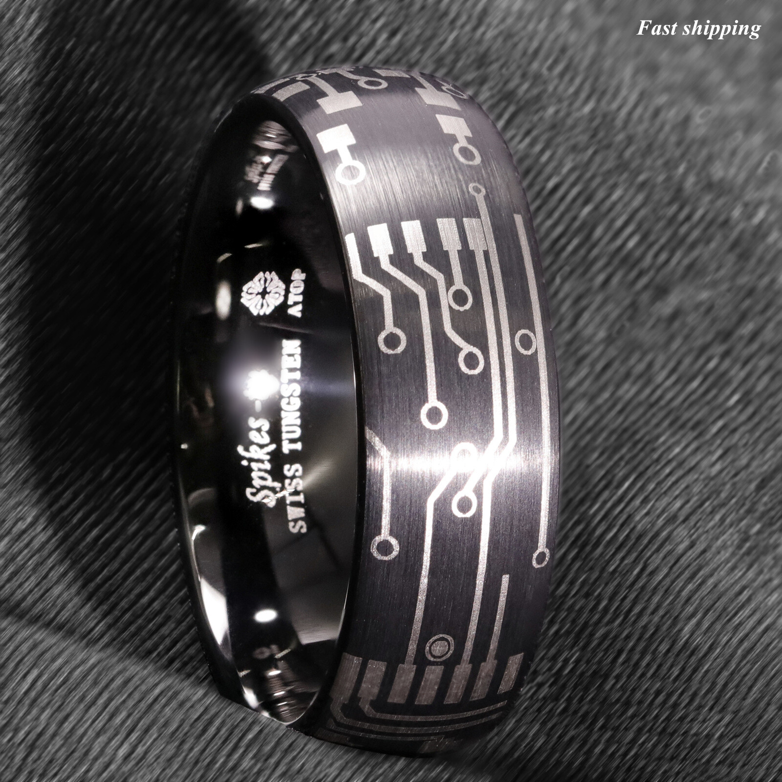 Dome Brushed Black Tungsten Carbide Ring Laser Circuit Board ATOP Men Jewelry
