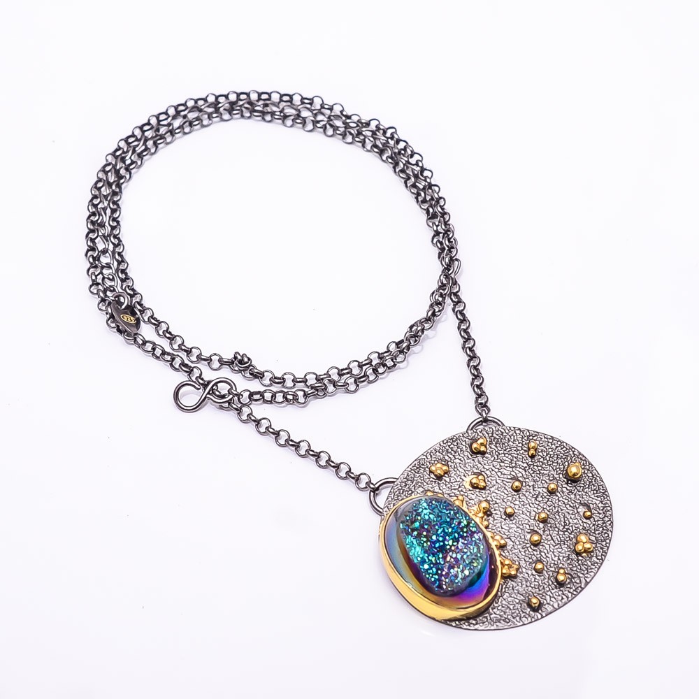 Peacock Titanium Agate Drusy Black And Gold Rhodium 925 Silver Necklace 19.99″