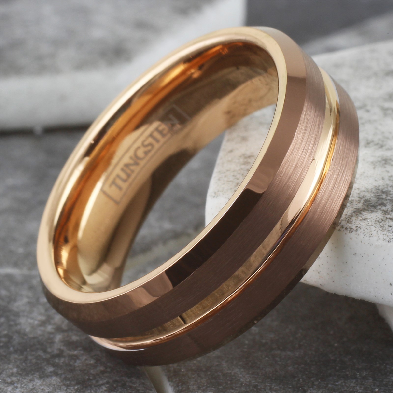 Bronze-Brown Tungsten Carbide Men’s Ring Rose Gold Plated Stripe Wedding Band
