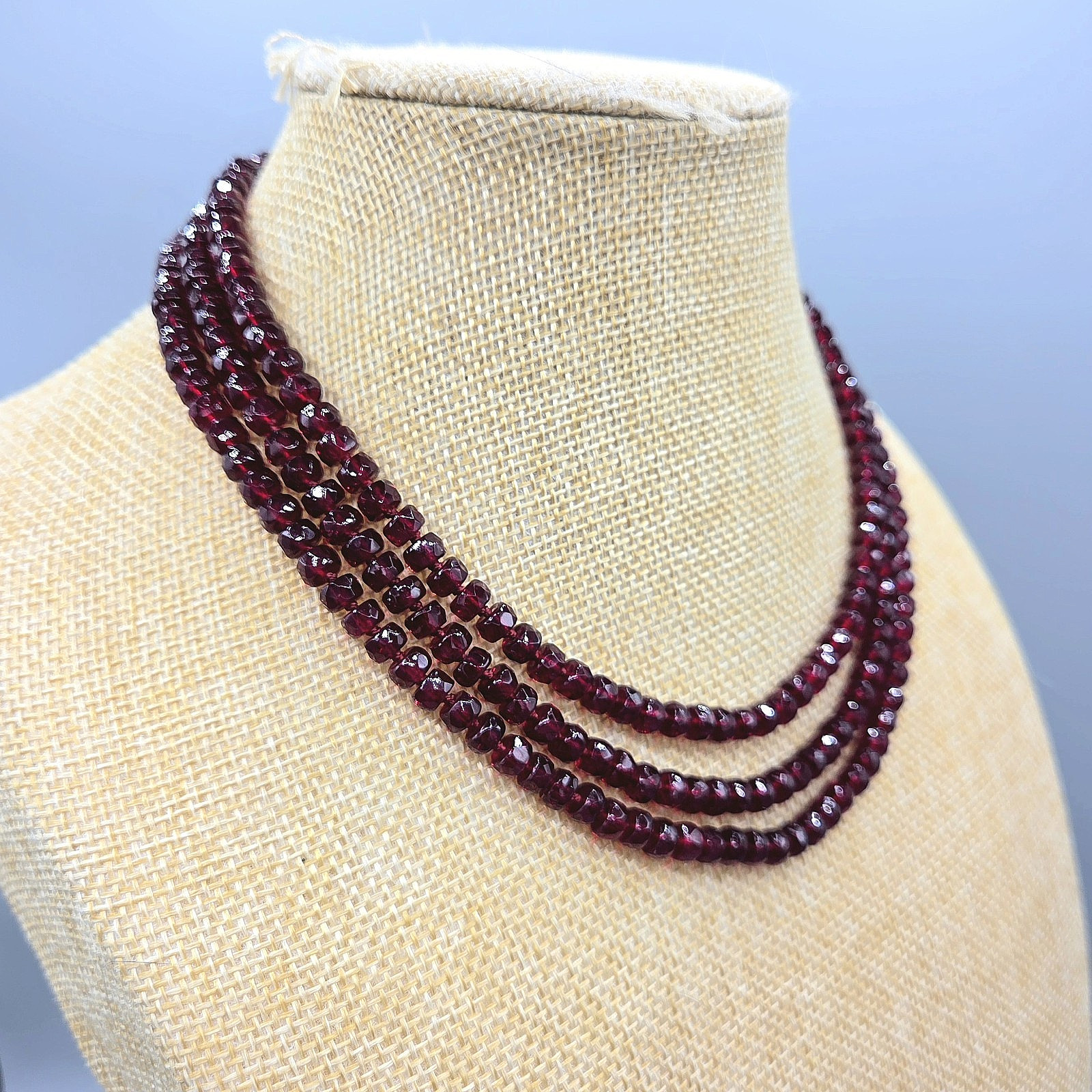3 Strand Layered Hand Knotted Faceted Rondelle Garnet Glass Bead Necklace 17″