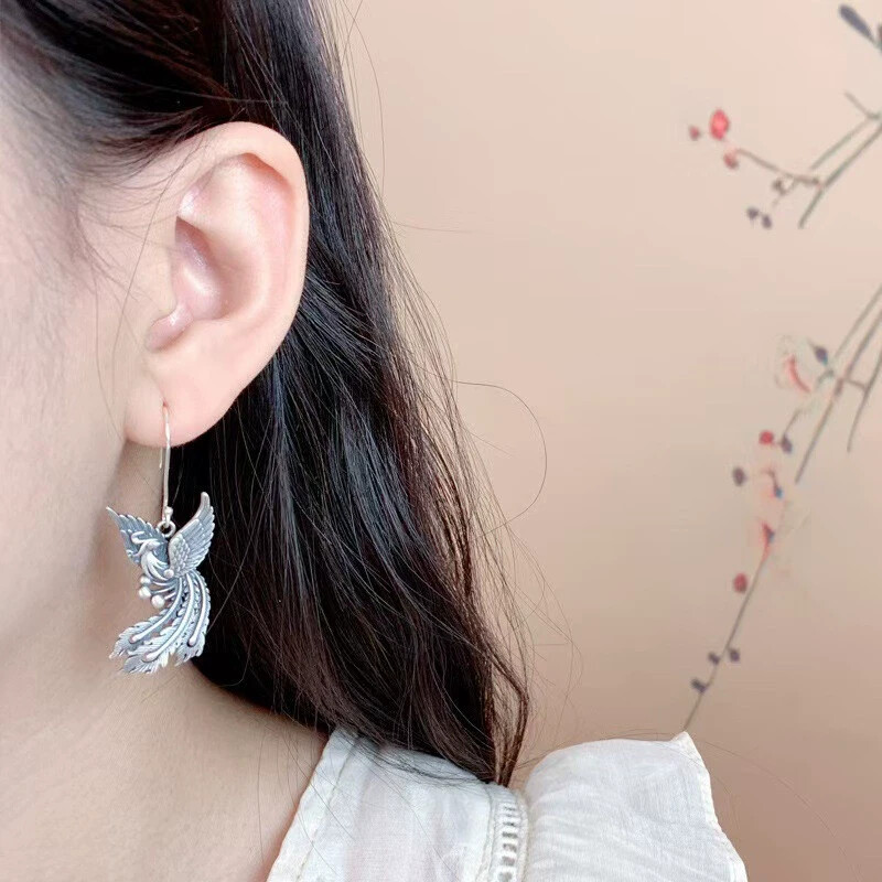 925 Silver Plated Phoenix Earrings for women Tassel Dangle Drop Jewelry Gift