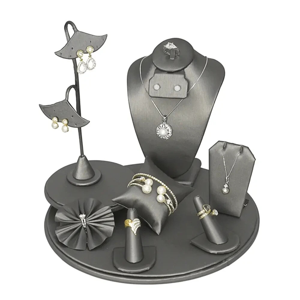 9 Piece Steel Grey Leatherette Jewelry Display Set