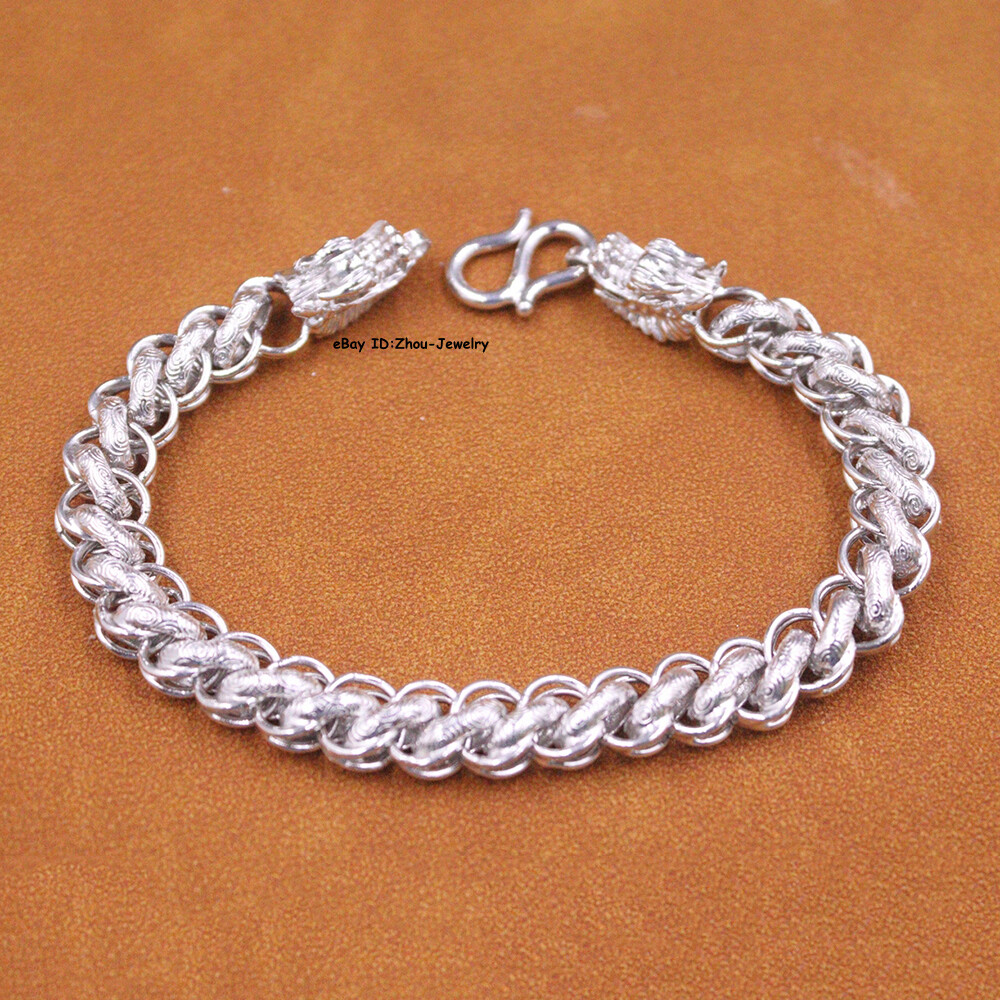 Pure S999 Fine Silver 999 Chain Curb Link Dragon Head Bracelet 27-28g 8.26inch