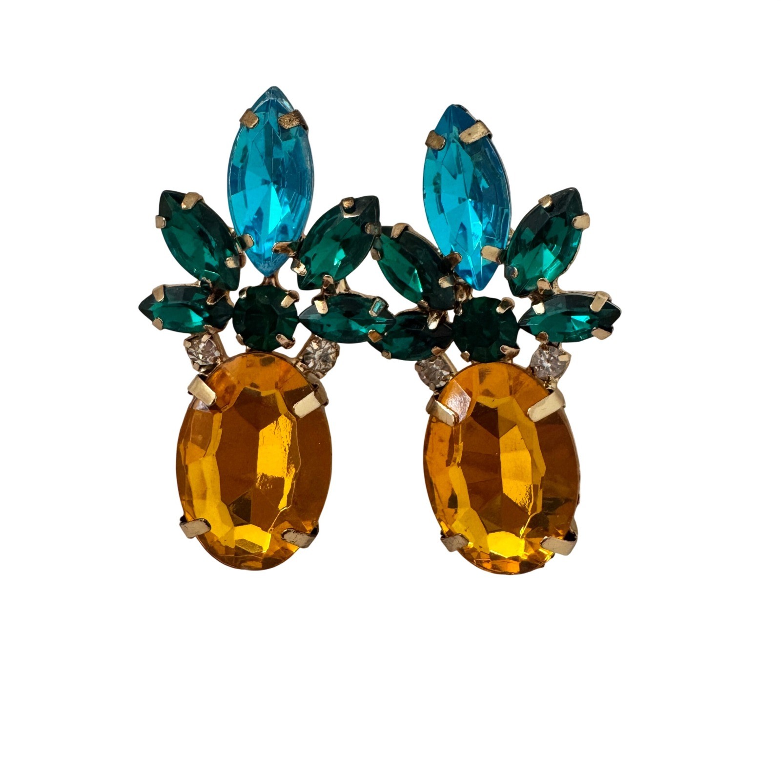 Gold Tone Pineapple Rhinestone Stud Earrings MultiColor Crystal Tropical Jewelry