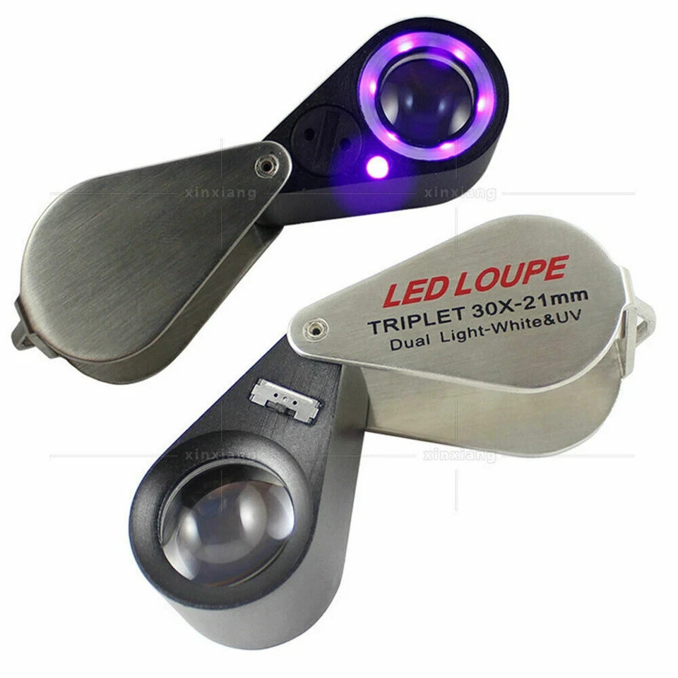 10X 20X 30X 40X 21mm Magnifying LED Triplet Loupe Dual Light White &UV Magnifier