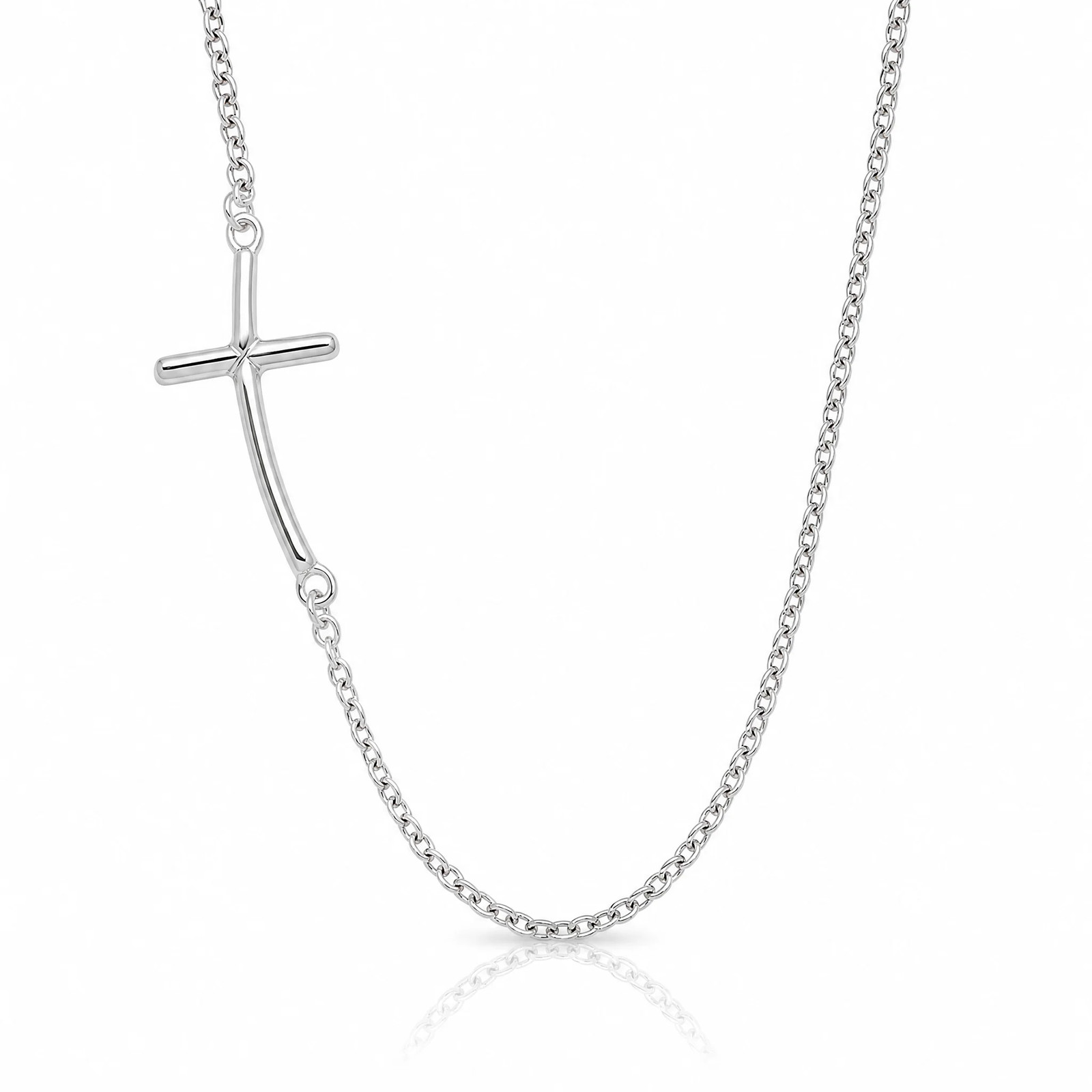 Sterling Silver Rh-Plated Large Off-Set Sideways Curved Cross Necklace
