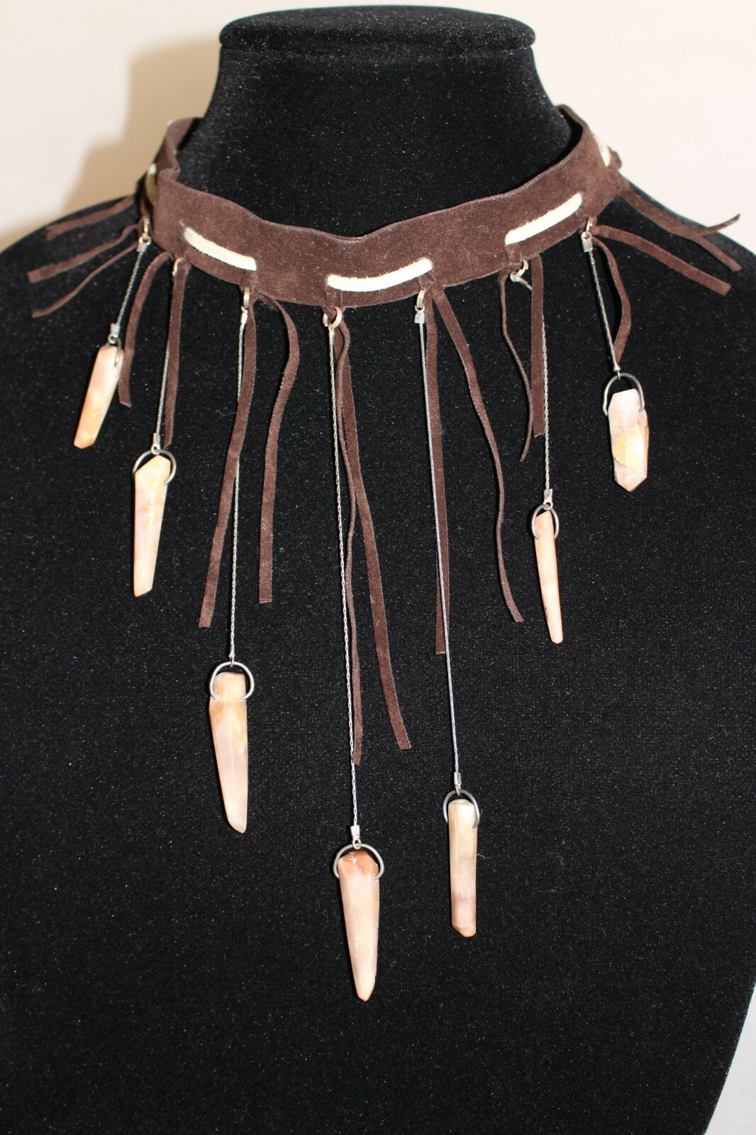 Western Style Necklace Made Of Natural Agate, Brown Cream Genuine & Faux Leather