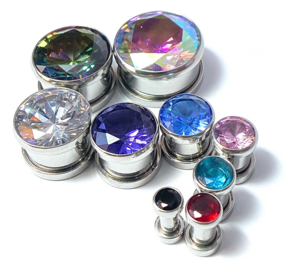 PAIR Large Aqua Blue Gem Screw Fit Tunnel Plug Gauge Body Jewelry Piercing