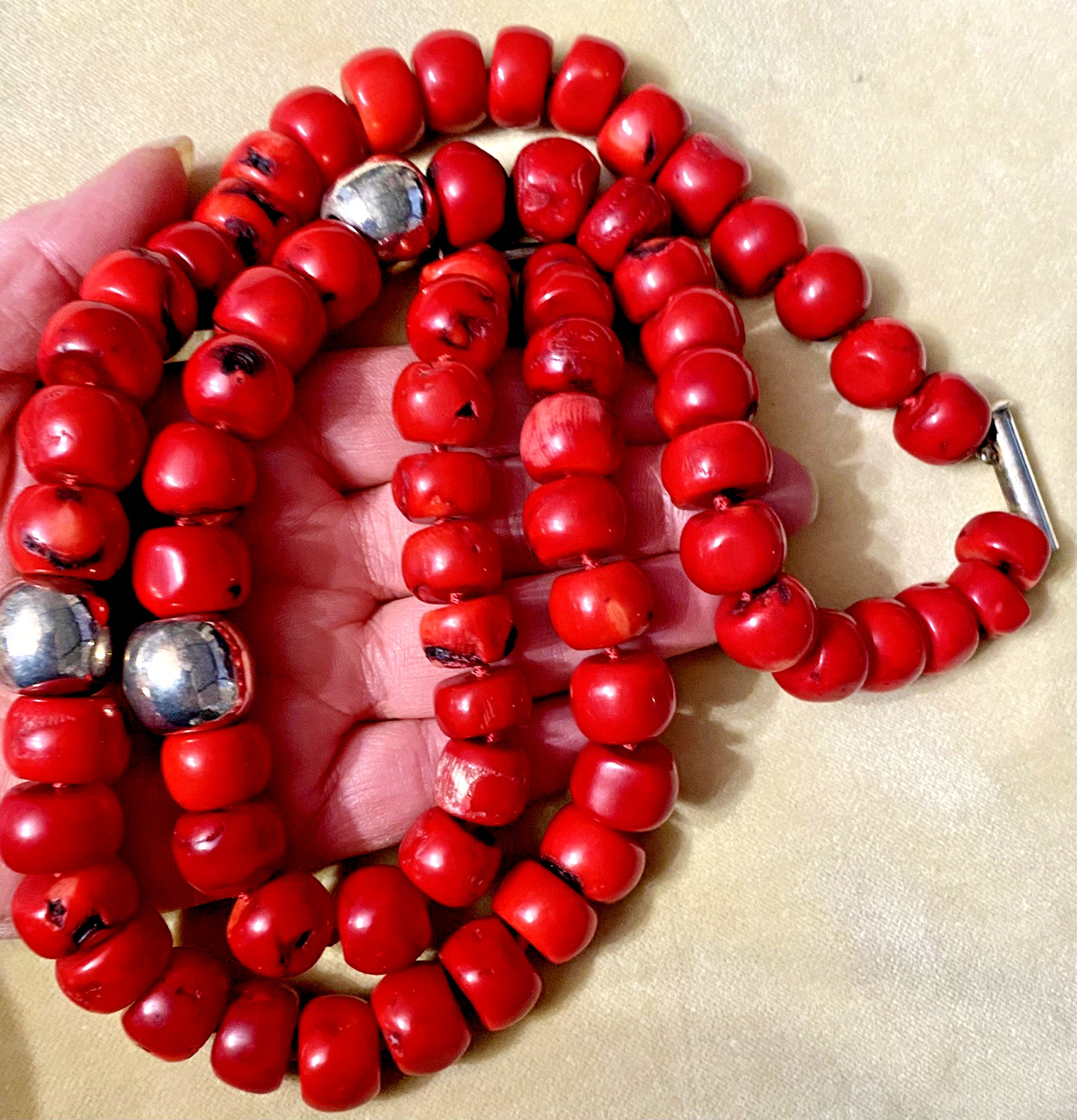 Auth. RED BAMBOO CORAL Necklace Heavy Bead Sterling 925 Clasp 2 Strand 17″ Long