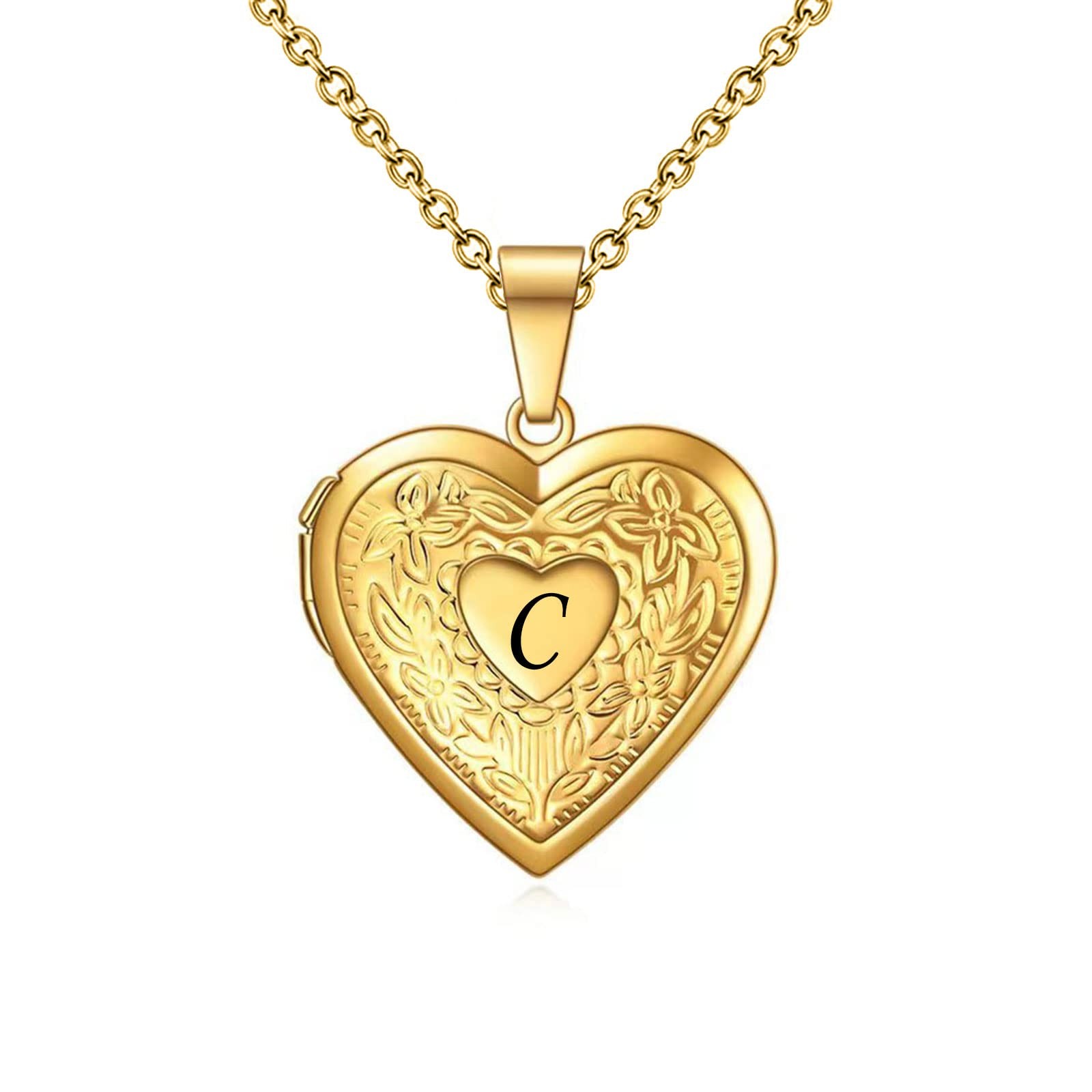 ‘s Gold Heart Photo Locket Necklace with Picture inside Initial Letter Alphab…