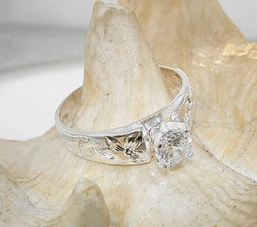 SOLID 925 SILVER ENGRAVED HAWAIIAN HERITAGE SCROLLS 0.75CTS CZ FRENCH MOUNT RING