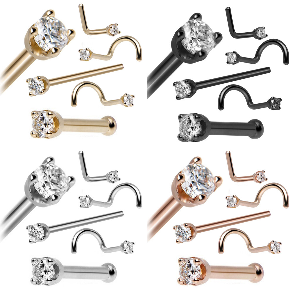 CZ Gem Nose Rings Studs Set Nose Screw Surgical Steel Body Jewelry 4 Colors 5PCS