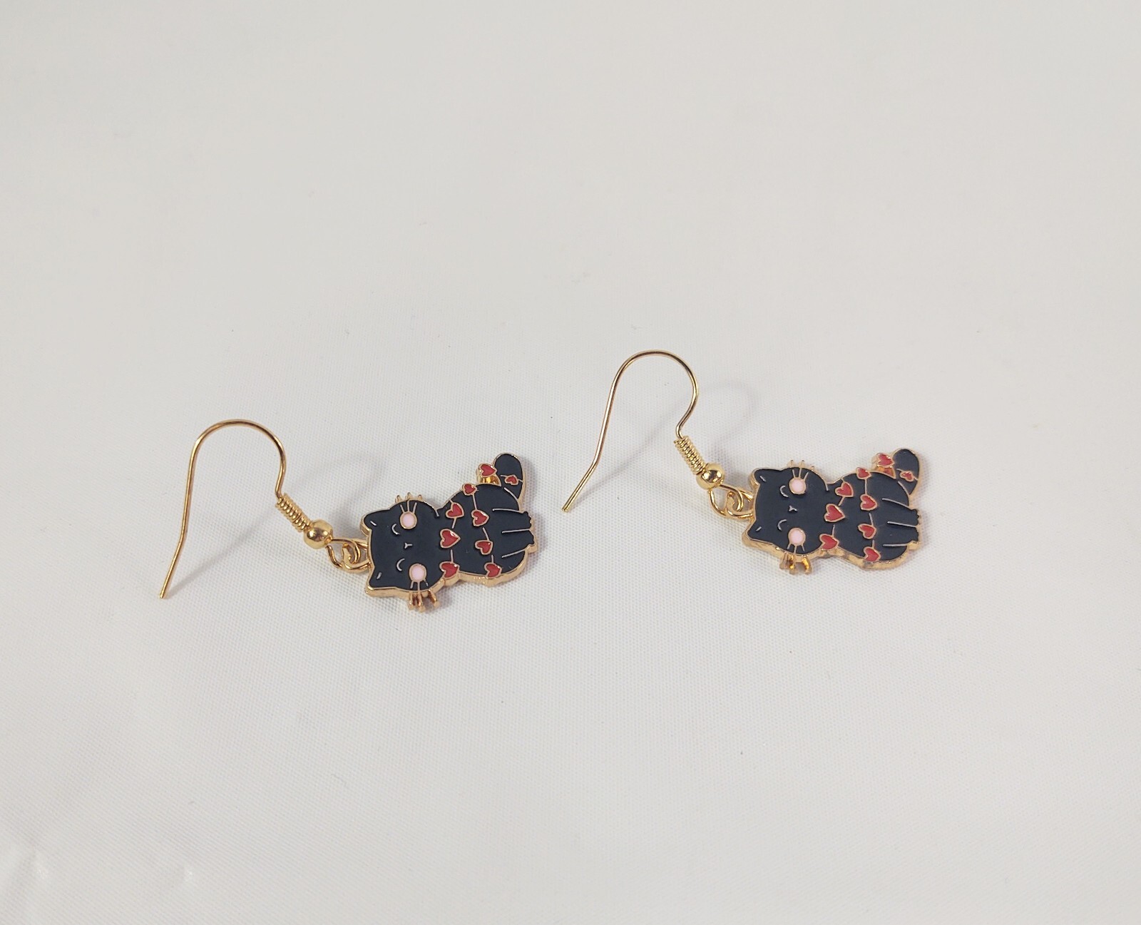 Hook Drop Dangle Pierced Earrings Black Cats Red Hearts Love Costume Jewelry