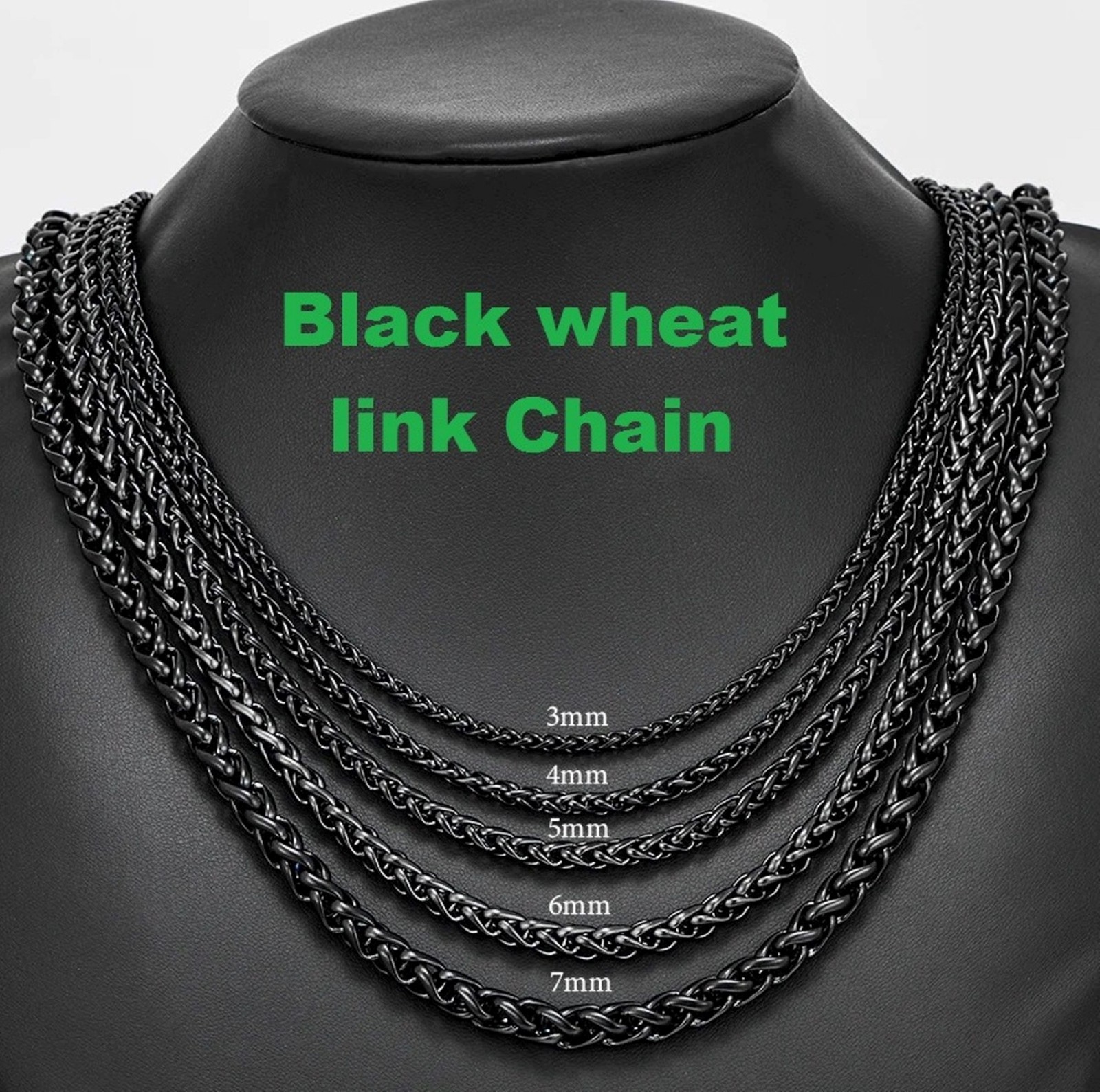 Chain Necklace Wheat stainless steel Black for men&women, 16/ 30 in, 3/4/5/6/7mm