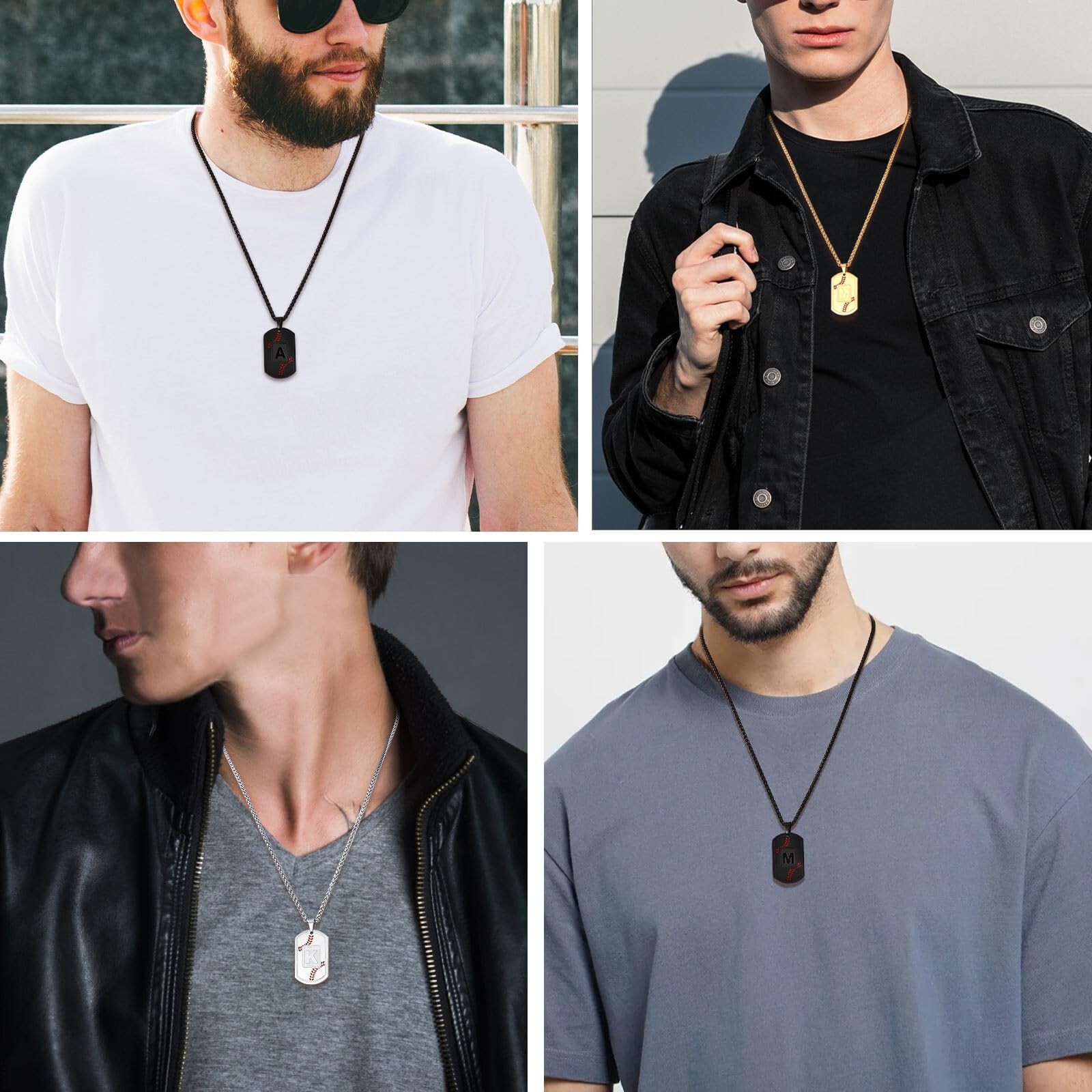 Baseball Initial Necklace for Men Dog Tag Stainless Steel Sliver/Black/Gold L…
