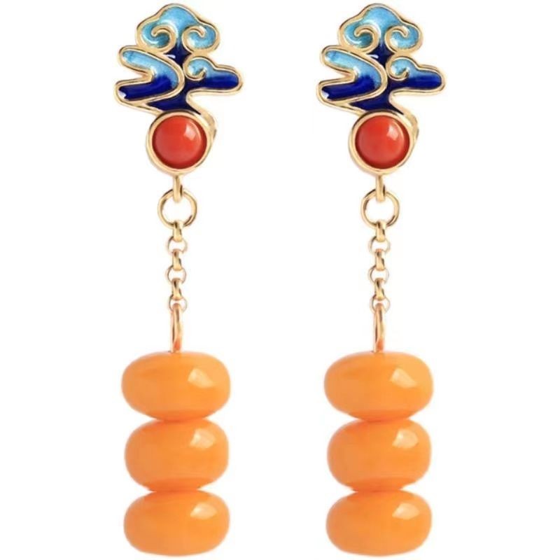 Amber Cloud Earrings Enamel Tassel Drop Dangle Chinese Style Vintage Jewelry