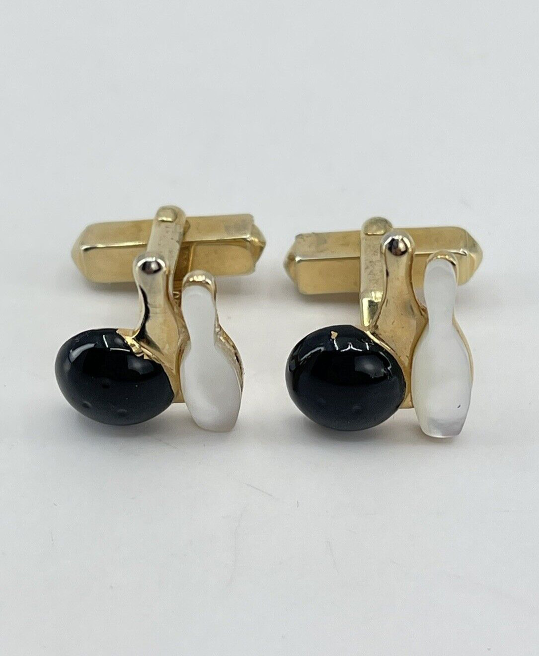 vintage Swank bowling ball and pins cufflinks and tie clip set Mother of Pearl