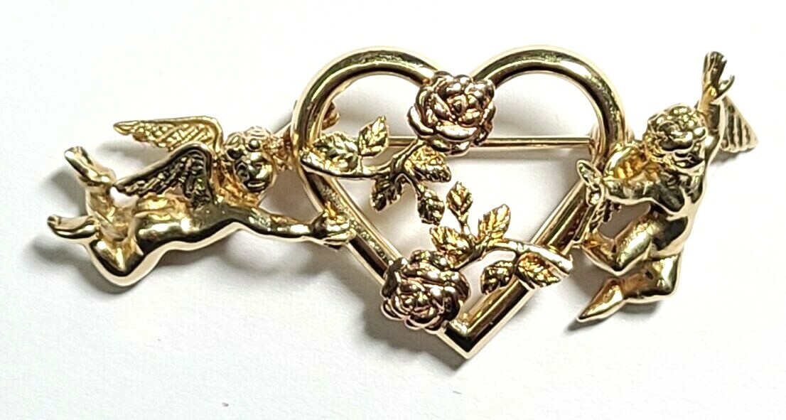 VINTAGE ANGEL 14K SOLID YELLOW & ROSE GOLD PIN BROOCH HEAVEN HEART LOVE
