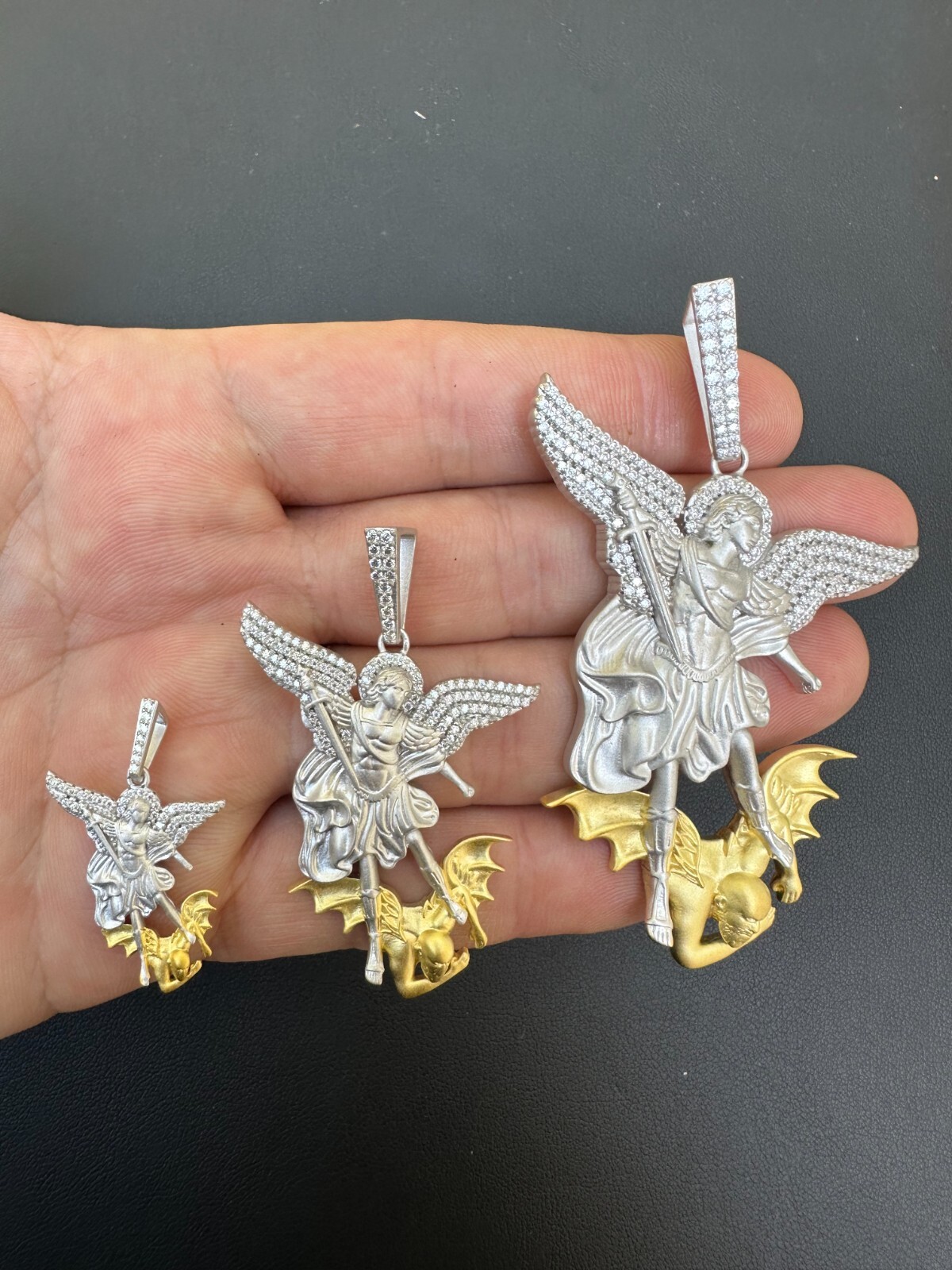 MOISSANITE St Michael Slaying Dragon Pendant 925 Silver & 14k Gold Necklace Iced