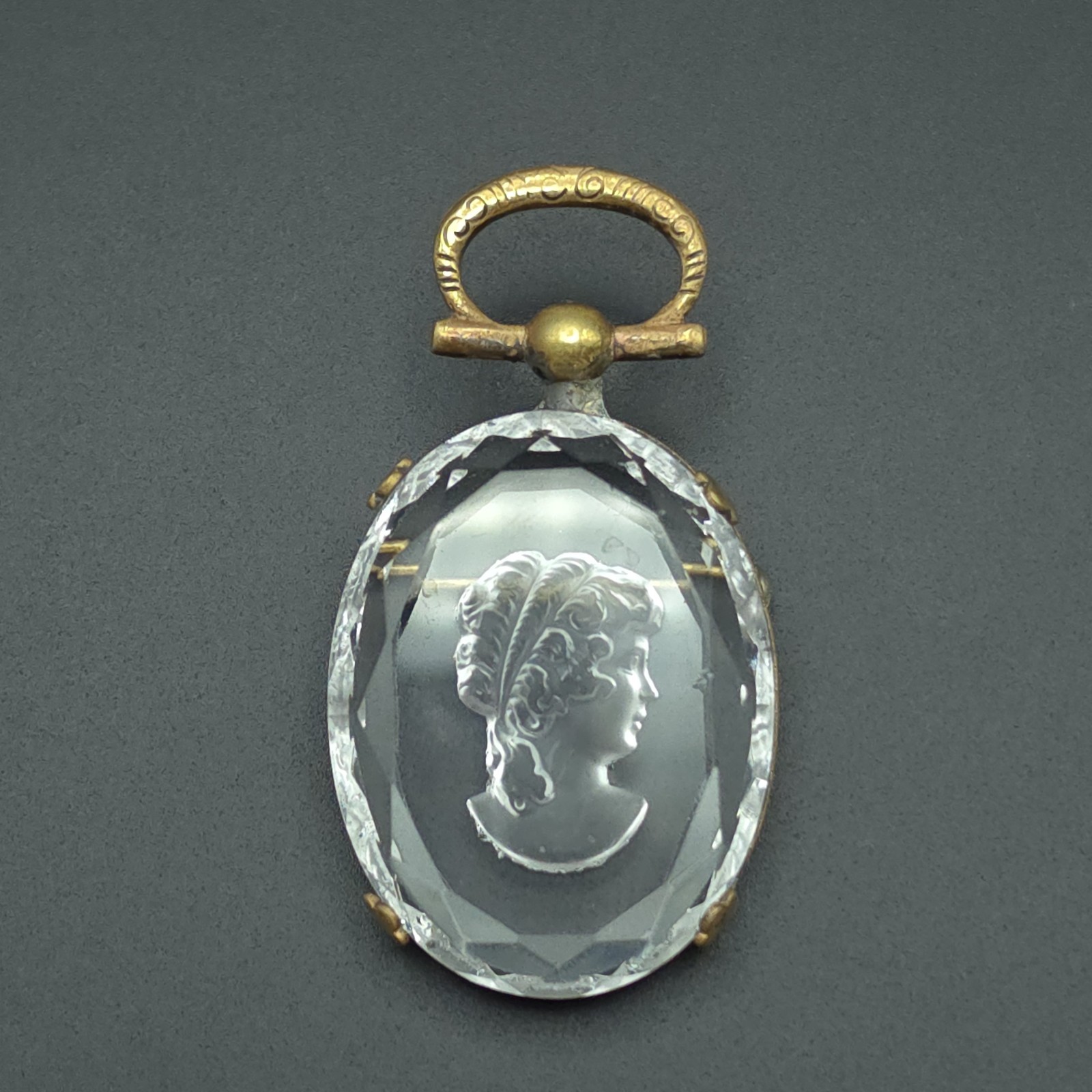 Antique Victorian Reverse Carved Crystal Intaglio Cameo Brooch Pendant Classical