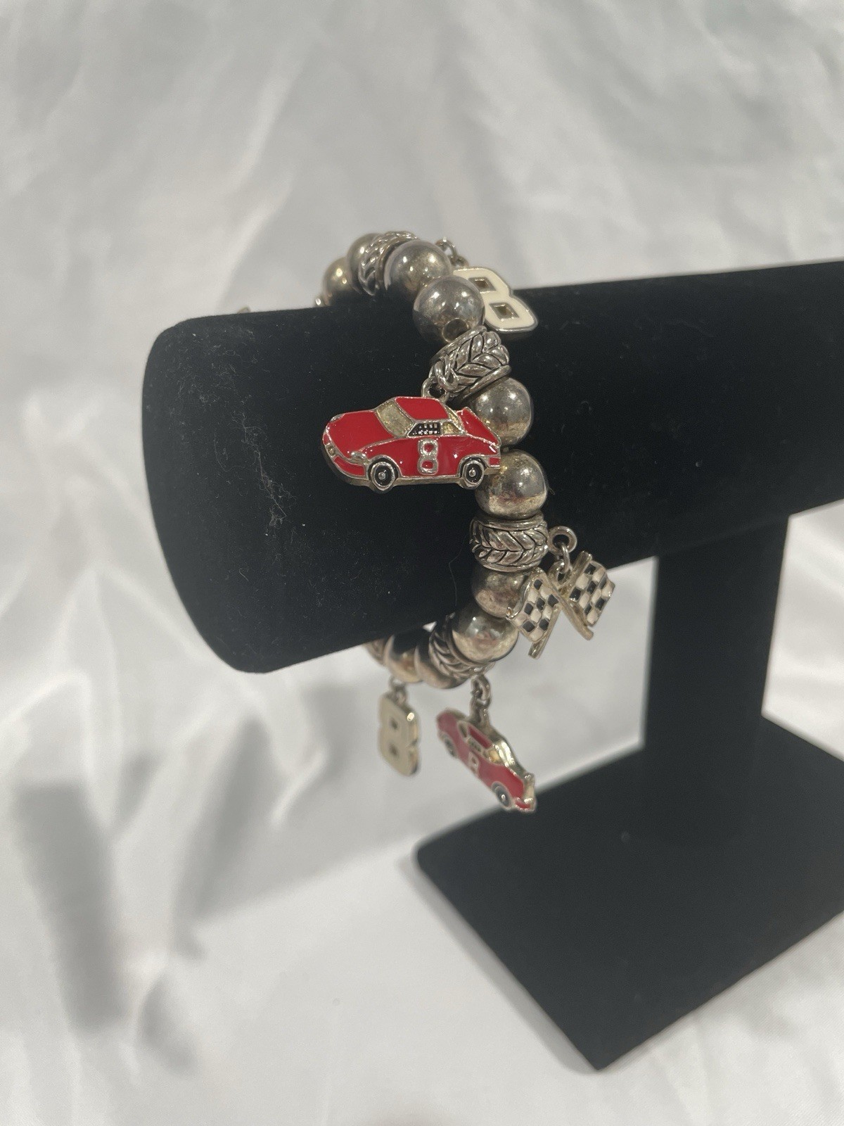 Vintage Racecar Charm Bracelet Number 8 Silver Metal Women’s Jewelry Racing