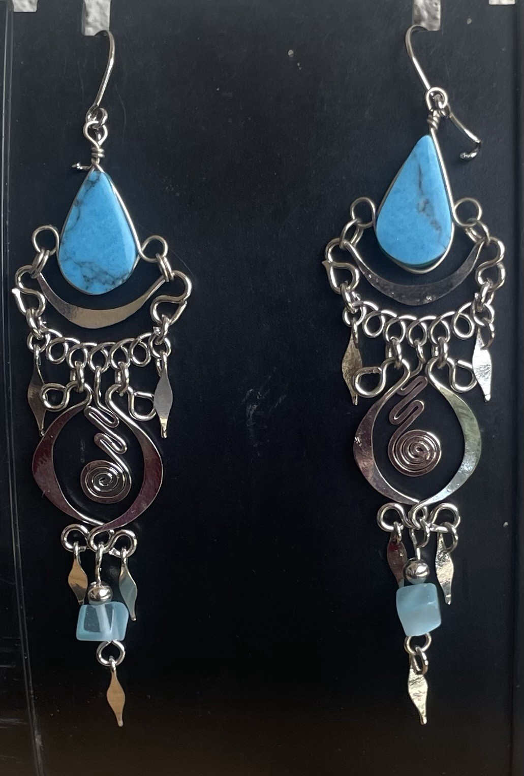 Peruvian Blue Turquoise Semi-Precious Stone Necklace Long Earrings Set Boho Peru