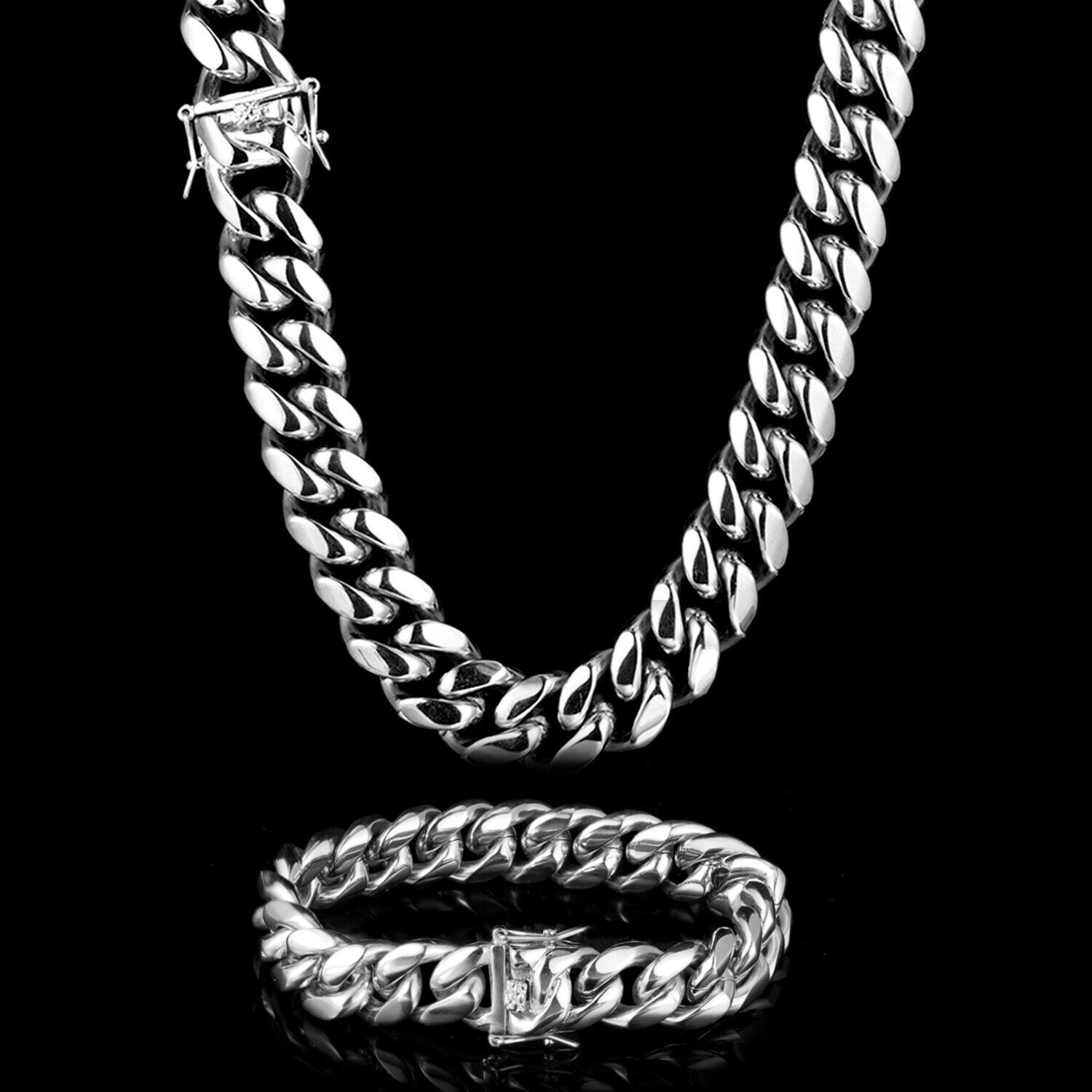 Men’s Heavy Miami Cuban Link Chain & Bracelet Combo Set Silver Stainless Steel