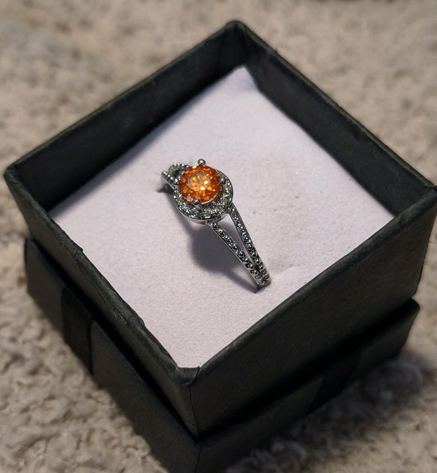 Silver Halo Ring Round Orange Moissanite Stone Adjustable