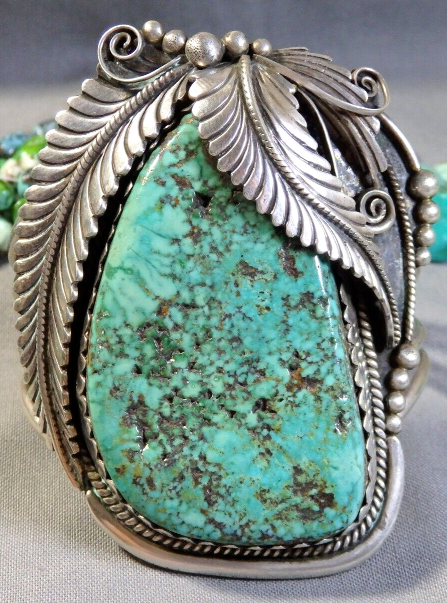 NAVAJO D. Lister KINGMAN TURQUOISE Sterling Silver SQUASH BLOSSOM 110g Bracelet