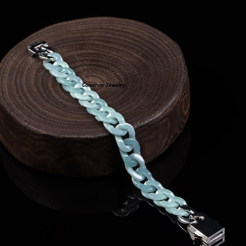 Real Grade A Natural Blue Jade Jadeite Bracelet 12mm Cuban Curb Chain 5.9-8.3in