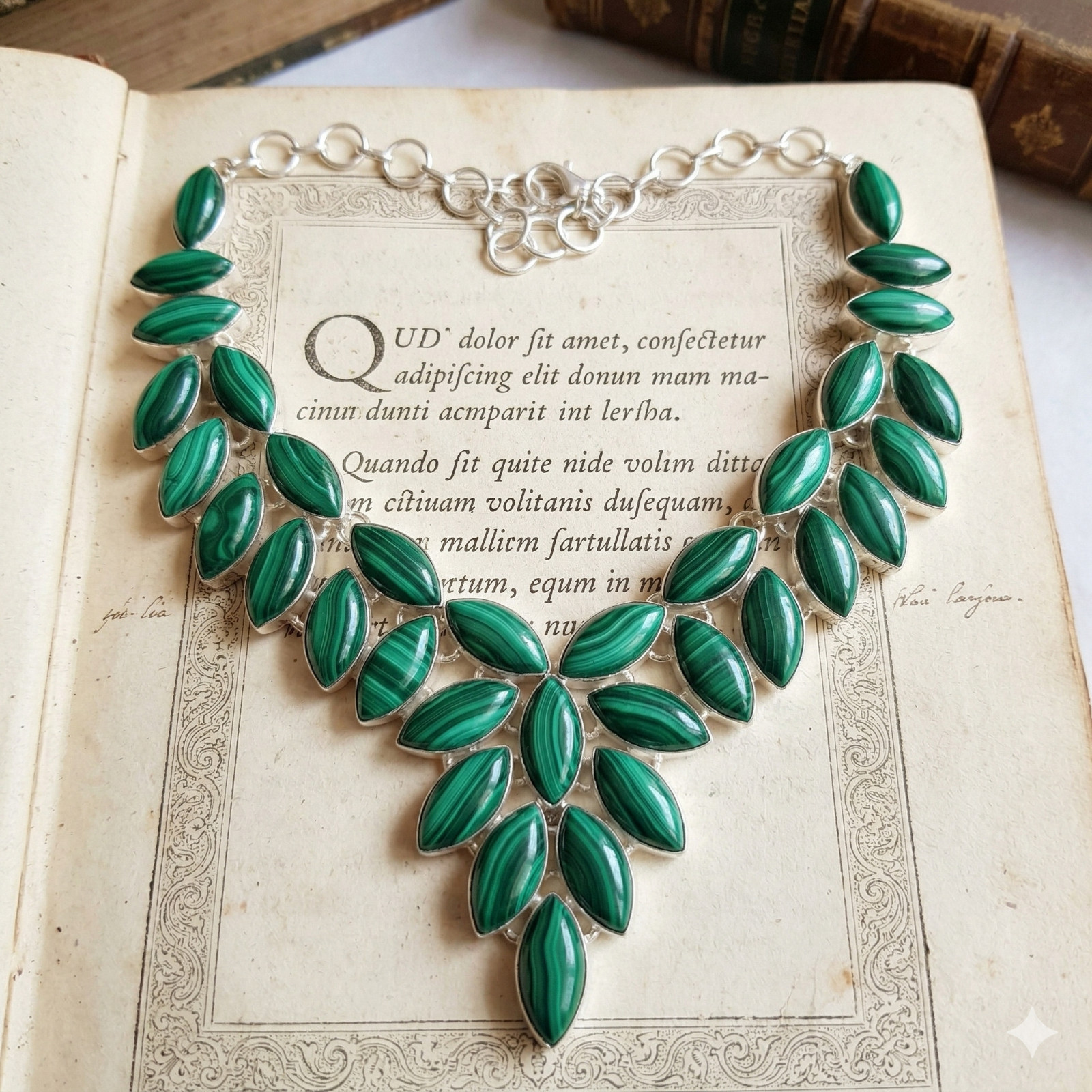 Green Malachite Gemstone Necklace 925 Sterling Silver Statement Bib ADJ 18″