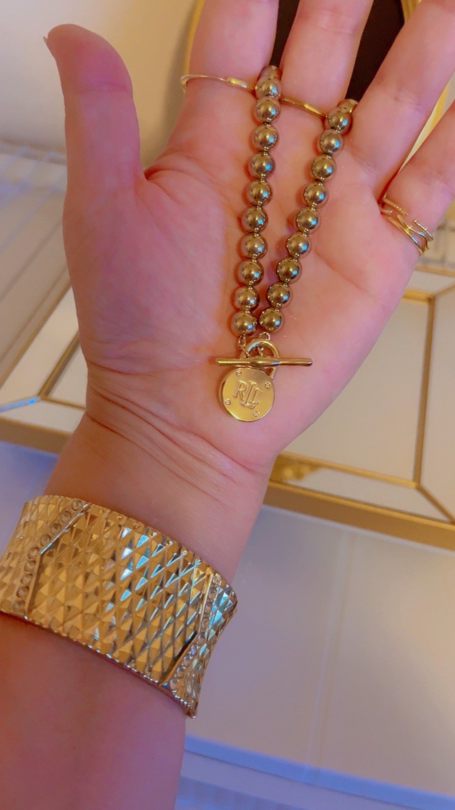 Vintage Lauren Ralph Lauren RL Toggle Ball Bead Necklace Gold Tone