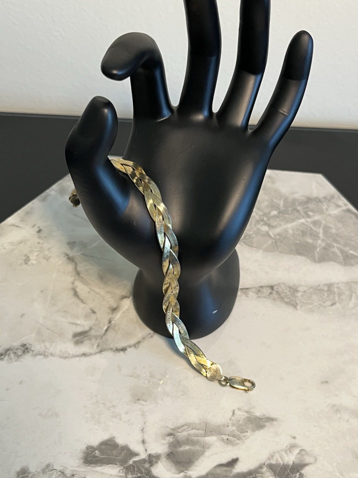 7 In Braided Double Sided Herringbone( 925) Gold Tone Bracelet 9g Made In Italy